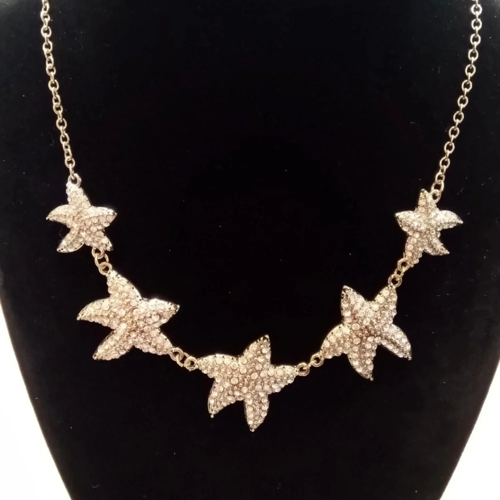 Traci Lynn"Sea Stars"Rhinestone Studded StarFish GoldTone Statement Necklace - Picture 2 of 9
